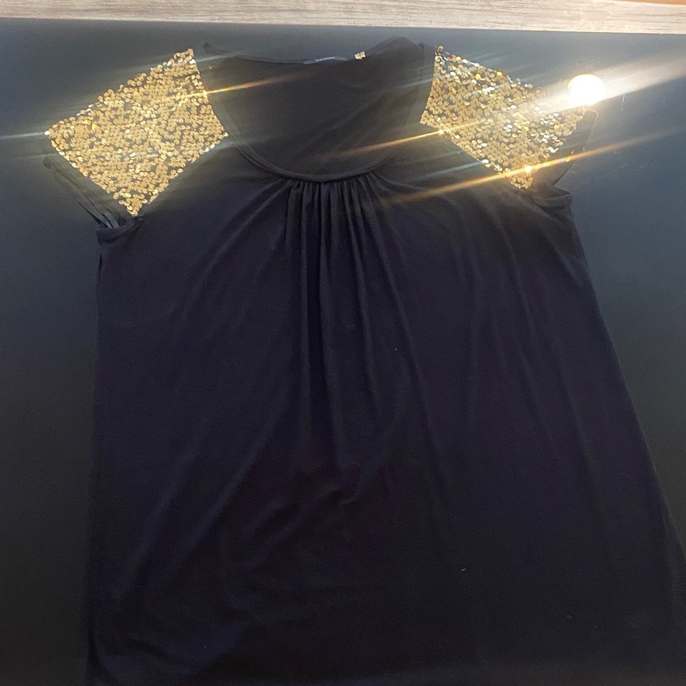 Elie Tahari Black Top with Gold Sequin Shoulders